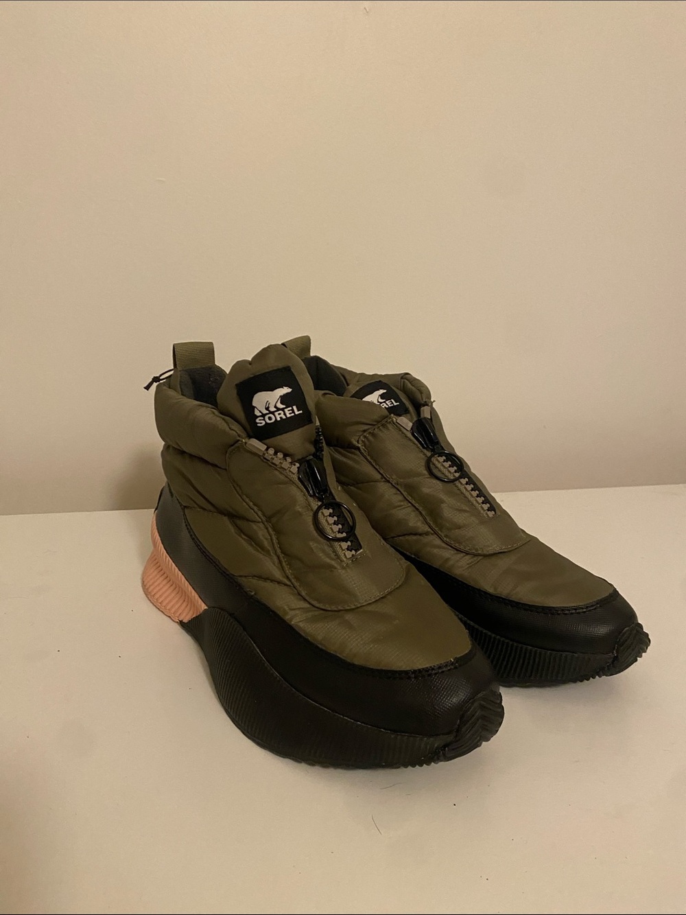 Sorel Olive Green Puffer Platform Slip-On Sneakers with Blush Heel